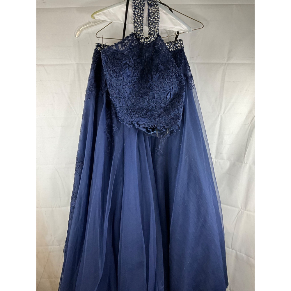 Jovani Beaded Halter Neck Formal Gown Navy Blue Lace Crystals Size 12 Used - Picture 5 of 9